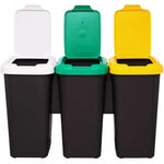 Conjunto de 3 cubos de basura de reciclaje para la organización de los residuos. Tapa manual, cierre de presión. Blanco, verde y amarillo. Capacidad total 75 lts.