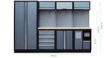 Estación modular con banco de trabajo para talleres profesionales. Armario para herramientas y mesa de trabajo amplia. Cajones de cierre suave. Modulable