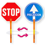 Señal tráfico reflectante doble cara "Stop -  Paso Precaución" 40 cms. Homologación Europea. Mango metálico