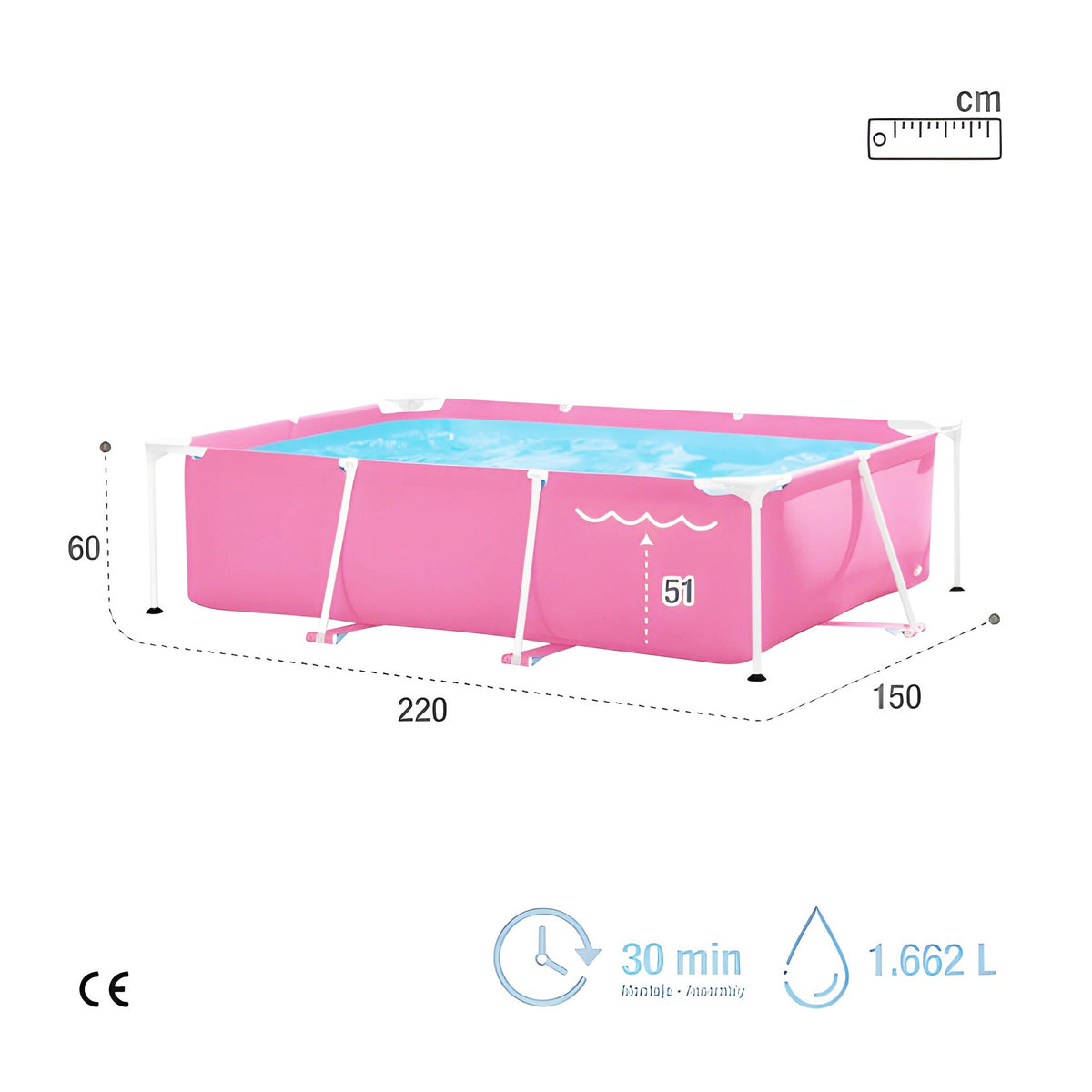 Piscina desmontable grande familiar rosa 220 x 60 x 150 cm. fácil mont ...