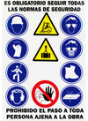 Placa señal de advertencia 70x100 cm "Prohibido el paso" y 10 normas de seguridad obligatorias. PVC 0,5 mm