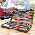 Kit utensilios accesorios barbacoa. Maletín 18 utensilios de madera y acero inoxidable. Cepillo, pinza, tenedor, cuchillo, pinchos, brocha y espátula