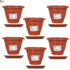 Lote 6 macetas plastico pequeñas con plato para interior o exterior. Color marrón terracota. Para balcón, patio, jardín, plantas, huerto. - bricoloco.com14 cms.